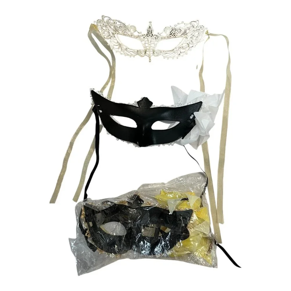 Set of 3 Decorative Masquerade Masks – Gold, Silver & Floral Accents – Lace & Ri